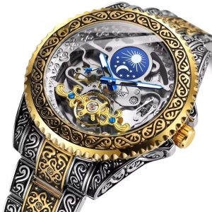 Men Automatic Moonphase Engraved Mechanical Watch