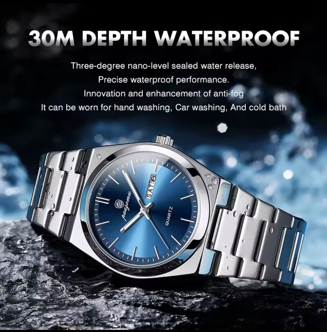 Men Blue Glass Waterproof Watch With Calendar - Image 3