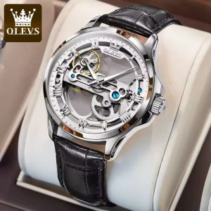 Olevs Luxury Skeleton Leather Strap Mechanical Automatic Watch