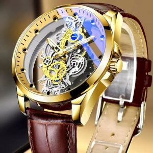 Skeletal Blue Glass Quartz Leather Watch