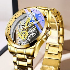 Blue Glass Skeletal Quartz Watch Japanese Movement